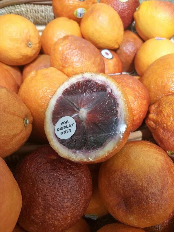 My grocery store cut open a blood orange for display so people could see the inside.