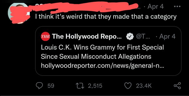 Clever Comments - I think it's weird that they made that a category Thr The Hollywood Repo... ... Apr 4 Louis C.K. Wins Grammy for First Special Since Sexual Misconduct Allegations