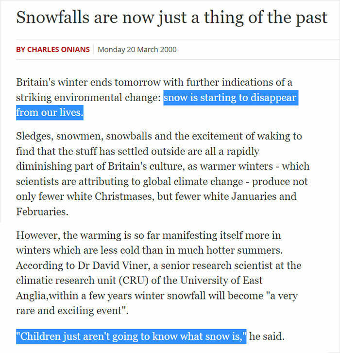 failed predictions - document - Snowfalls are now just a thing of the past By Charles Onians Monday Britain's winter ends tomorrow with further indications of a striking environmental change snow is starting to disappear from our lives. Sledges, snowmen, 