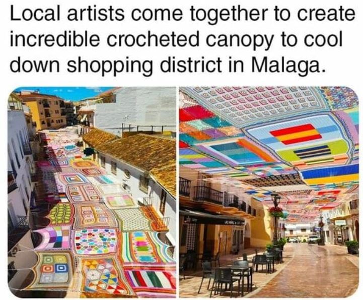 cool things - Local artists come together to create incredible crocheted canopy to cool down shopping district in Malaga. le erere Ted No no 006 0 O