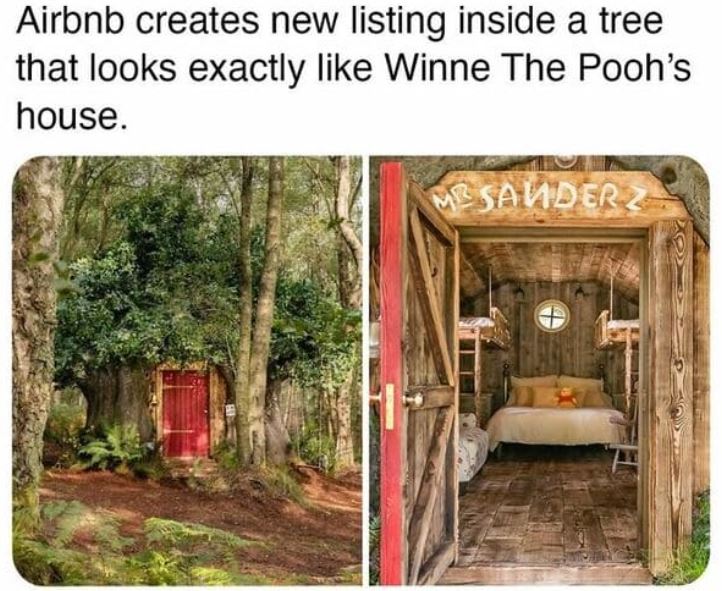 cool things - tree - Airbnb creates new listing inside a tree that looks exactly Winne The Pooh's house. Me Sauder