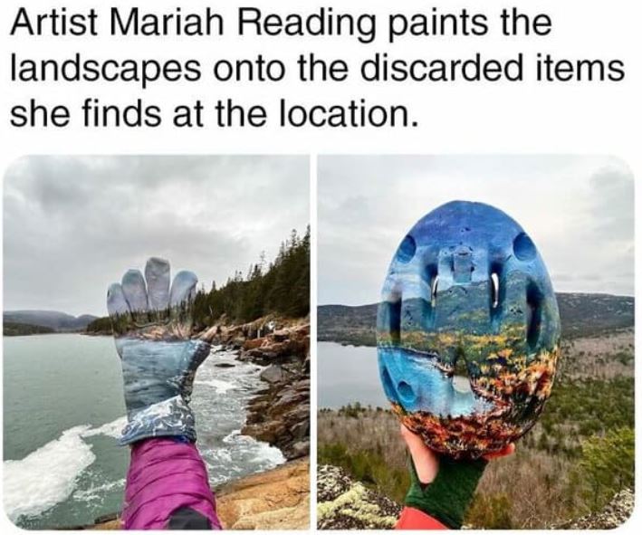 cool things - water resources - Artist Mariah Reading paints the landscapes onto the discarded items she finds at the location.