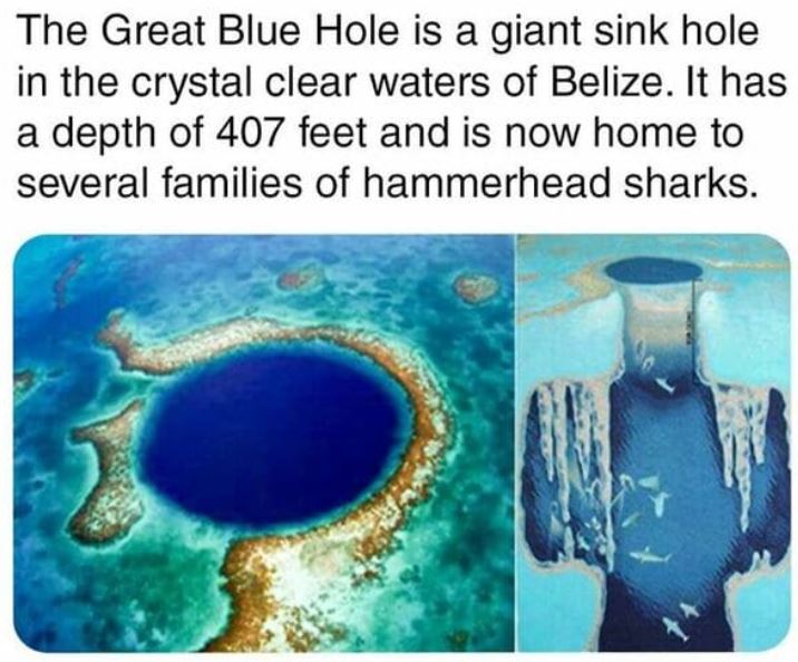 cool things - water resources - The Great Blue Hole is a giant sink hole in the crystal clear waters of Belize. It has a depth of 407 feet and is now home to several families of hammerhead sharks.