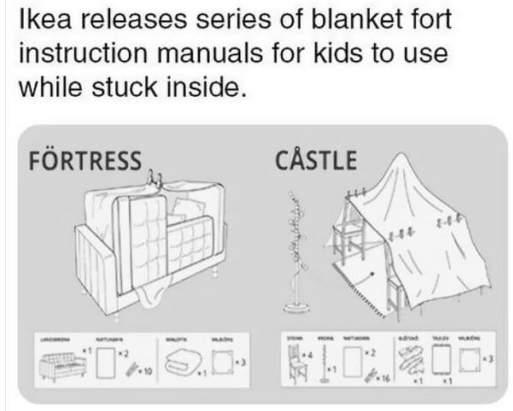 cool things - diagram - Ikea releases series of blanket fort instruction manuals for kids to use while stuck inside. Frtress Cstle C 20. Die 10