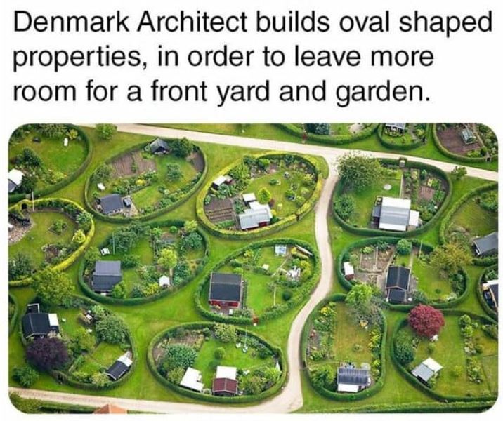 cool things - c th sörensen - Denmark Architect builds oval shaped properties, in order to leave more room for a front yard and garden.