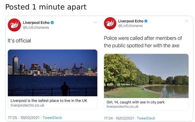 WTF Headlines - water resources - Posted 1 minute apart Liverpool Echo Liverpool Echo It's official Police were called after members of the public spotted her with the axe Liverpool is the safest place to live in the Uk