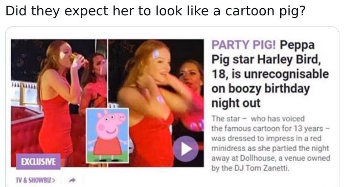 WTF Headlines - harley bird meme - Did they expect her to look a cartoon pig? Party Pig! Peppa Pig star Harley Bird, 18, is unrecognisable on boozy birthday night out The star who has voiced the famous cartoon for 13 years was dressed to impress in a red