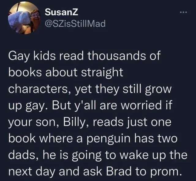 oddly specific posts - atmosphere - Susanz Mad Gay kids read thousands of books about straight characters, yet they still grow up gay. But y'all are worried if your son, Billy, reads just one book where a penguin has two dads, he is going to wake up the n