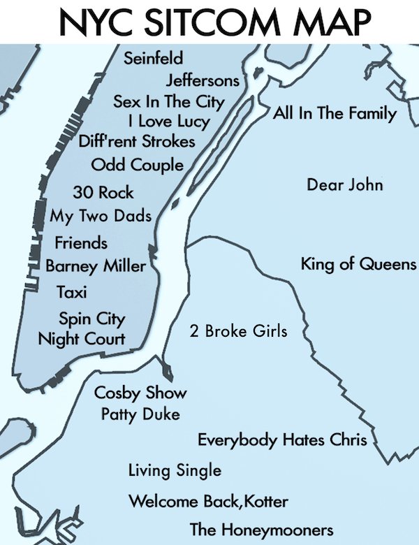 useful charts - infographics - new york sitcom map - Nyc Sitcom Map Seinfeld Jeffersons Sex In The City I Love Lucy All In The Family Diff'rent Strokes Odd Couple 30 Rock Dear John My Two Dads Friends Barney Miller King of Queens Taxi Spin City 2 Broke Gi