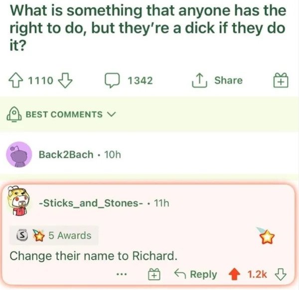 comments that nailed it - What is something that anyone has the right to do, but they're a dick if they do it? 1110 1342 I Best Back2Bach. 10h Sticks_and_Stones . 11h S 5 Awards Change their name to Richard. ... B