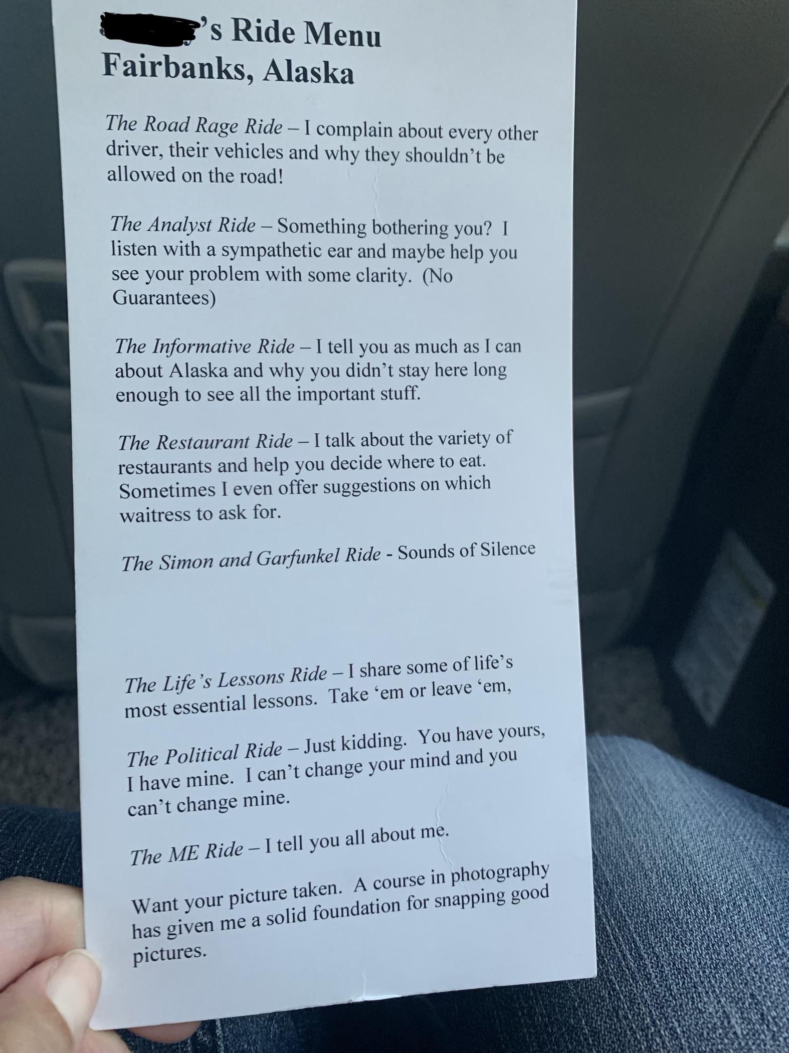 "My Uber driver offered a conversation “menu” for his ride"