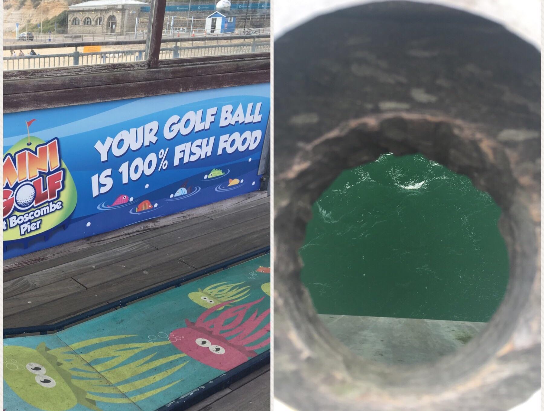 The golf ball at the mini golf on this pier are biodegradable and fall into the sea at the 18th hole