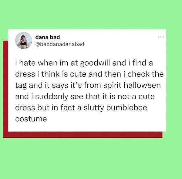 Oddly Specific Things - document - dana bad i hate when im at goodwill and i find a dress i think is cute and then i check the tag and it says it's from spirit halloween and i suddenly see that it is not a cute dress but in fact a slutty bumblebee costume