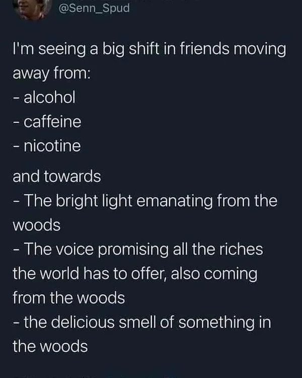 Oddly Specific Things - atmosphere - I'm seeing a big shift in friends moving away from alcohol caffeine nicotine and towards The bright light emanating from the woods The voice promising all the riches the world has to offer, also coming from the woods t