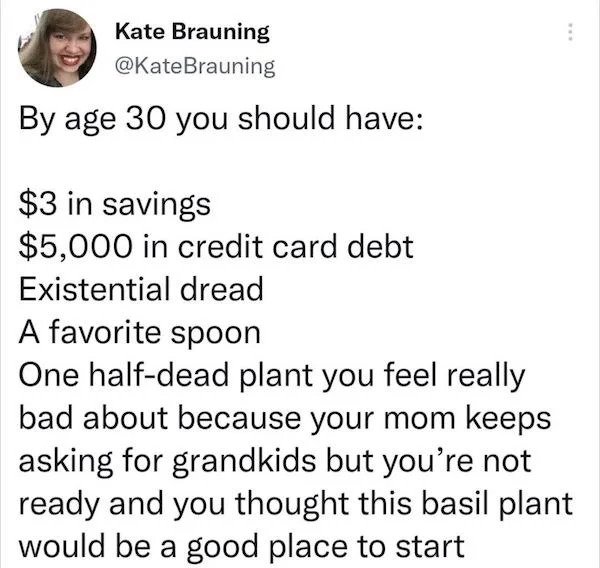 Oddly Specific Things - By age 30 you should have $3 in savings $5,000 in credit card debt Existential dread A favorite spoon One halfdead plant you feel really bad about because your mom keeps asking for grandkids but you're not ready and you thought thi