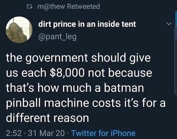 Oddly Specific Things - Retweeted dirt prince in an inside tent the government should give us each $8,000 not because that's how much a batman pinball machine costs it's for a different reason.