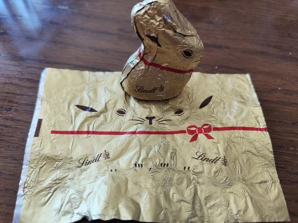 “What a chocolate bunny wrapping paper looks like unwrapped.”