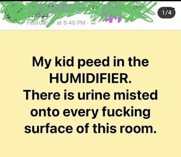 sad cringe - paper - 14 February at My kid peed in the Humidifier. There is urine misted onto every fucking surface of this room.