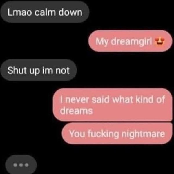 sad cringe - multimedia - Lmao calm down My dreamgirl Shut up im not I never said what kind of dreams You fucking nightmare