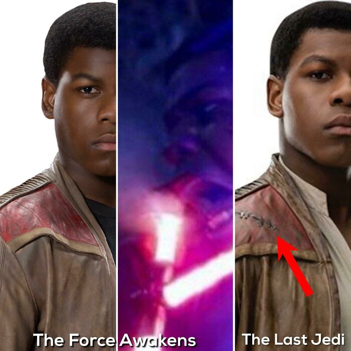 In The Last Jedi (2017) You Can See Finn’s Jacket Has Been Repaired. Patching The Hole From Kylo Ren’s Lightsaber In The Force Awakens