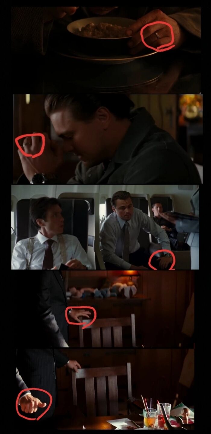 Inception (2010) The Debate Between People Regarding The Ending Of Inception, Was It Real Or Not Can Be Ended By Looking At The Wedding Ring Cobb's Wearing. In The Real World He Has No Ring Whereas The Ring Is Present In The Dreams. In The Final Scene He Has No Ring So The "Happy Ending" Is Reality.