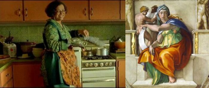 [the Matrix, 1999] The Oracle's Outfit And Kitchen Are A Reference To Michaelangelo's Delphic Sibyl, Depicting A Greek Oracular Figure