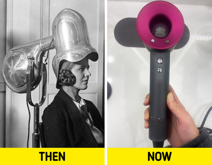 The first hairdryer was invented by the French stylist Alexander Godefroy in 1890 for his hair salon. It was a huge seated device attached to the chimney pipe of a gas stove. As you can see in the picture, the hairdryer wasn’t portable at all.