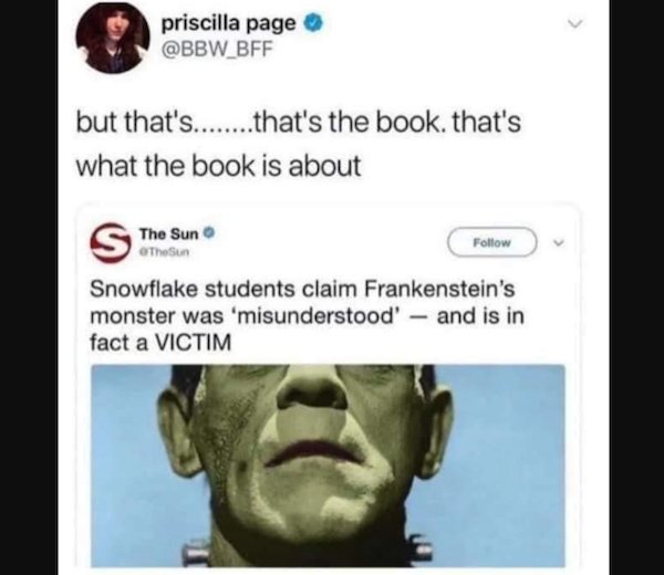 stupid people - knowledge is knowing frankenstein isn t the monster - priscilla page Bff but that's......... that's the book. that's what the book is about S The Sun Snowflake students claim Frankenstein's monster was 'misunderstood' and is in fact a Vict