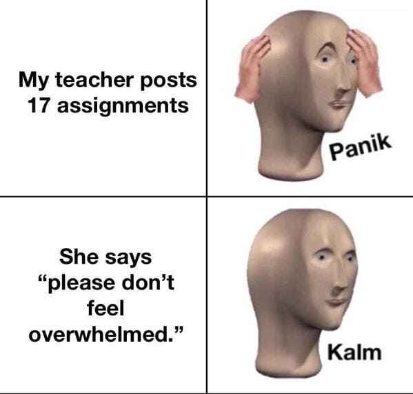 useless advice - panik kalm panik meme - My teacher posts 17 assignments She says "please don't feel overwhelmed." Panik Kalm