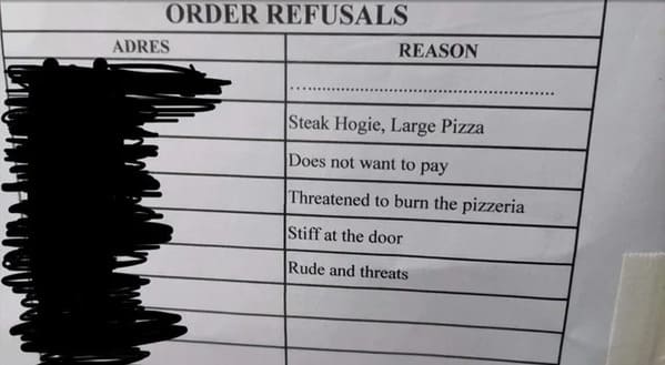 “My Local Pizzeria has a list of addresses that they refuse service to and reasons why”