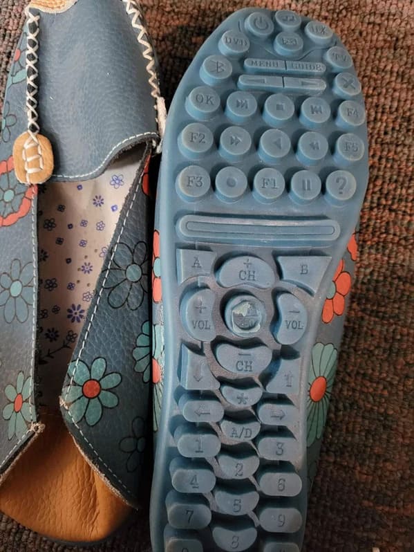 “These shoes found at a thrift store with controller shaped soles”