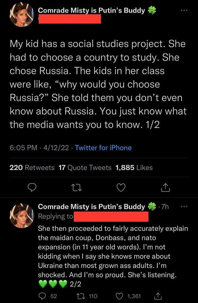internet liars - screenshot - Comrade Misty is Putin's Buddy ... My kid has a social studies project. She had to choose a country to study. She chose Russia. The kids in her class were ,