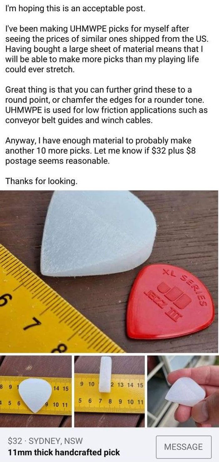 Facebook Buying Selling - material - I'm hoping this is an acceptable post. I've been making picks for myself after seeing the prices of similar ones shipped from the Us. Having bought a large sheet of material means that I will be able to make more picks