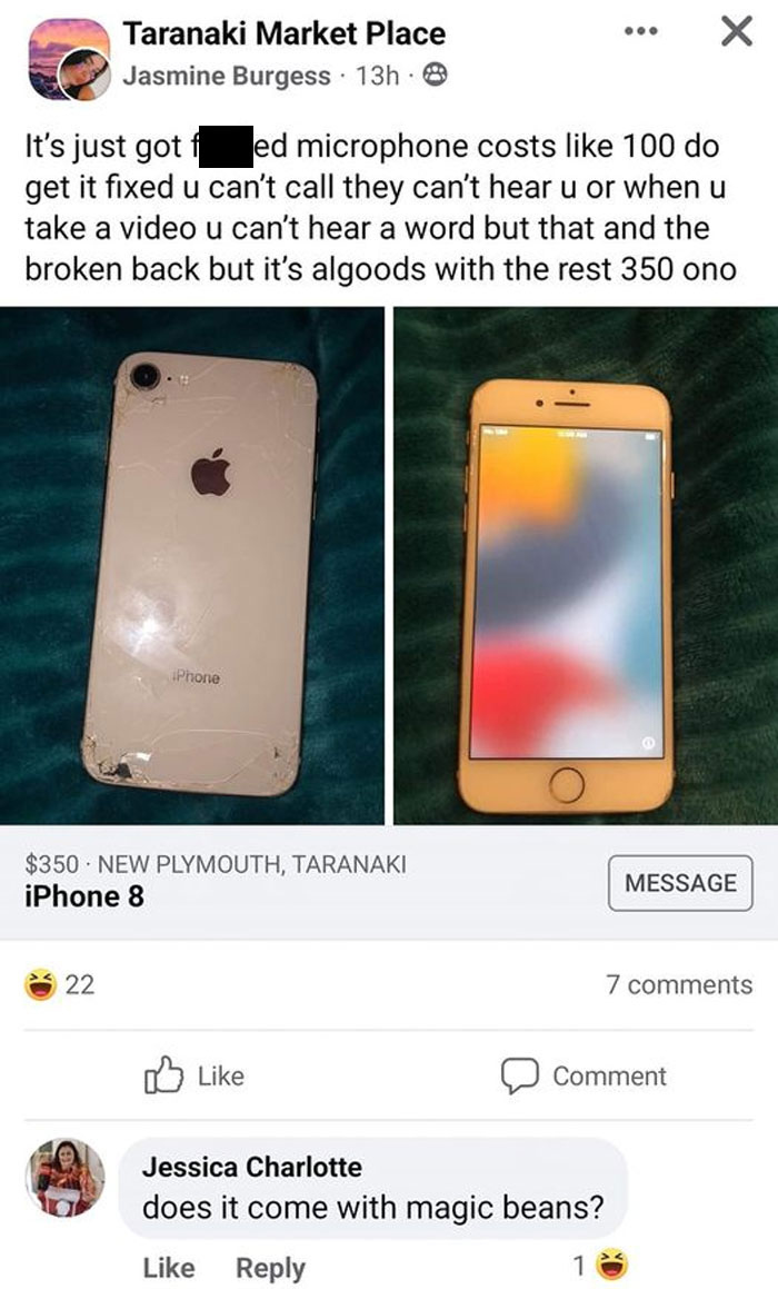 Facebook Buying Selling - ipod - Taranaki Market Place Jasmine Burgess 13h It's just got fed microphone costs 100 do get it fixed u can't call they can't hear u or when u take a video u can't hear a word but that and the broken back but it's algoods with