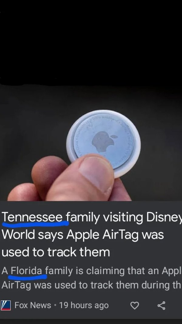 One Job Fail - hand - Tennessee family visiting Disney World says Apple AirTag was used to track them A Florida family is claiming that an Appl Air Tag was used to track them during th Fox News 19 hours ago