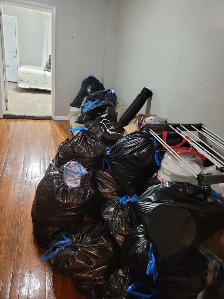 "After a grueling day at work without food where I had to wait 4 hours for a sample to arrive which got canceled, I come home at 7pm to find all my stuff in garbage bags cause the cleaners my landlord sent cleared the wrong apartment."