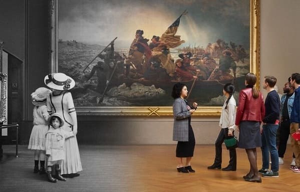 “Visitors In The Metropolitan Museum Of Art, Viewing Painting (Emanuel Leutze’s Washington Crossing The Delaware – 1851) 1910 And 2019”
