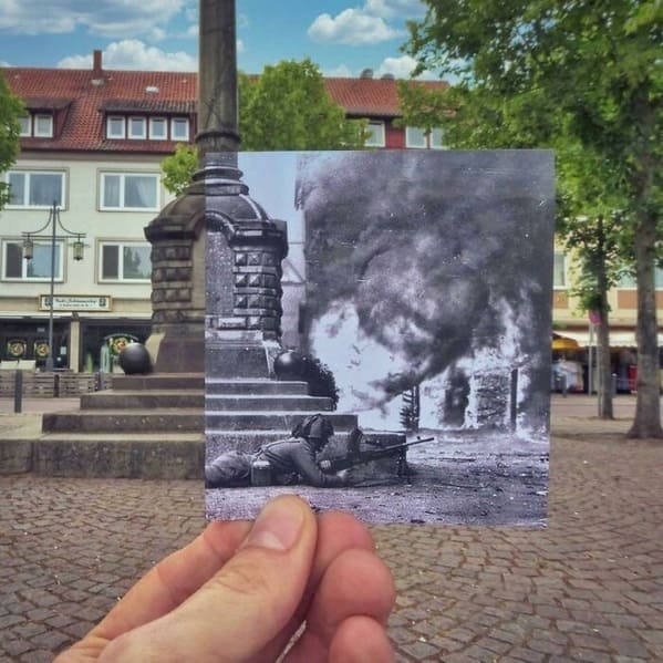 “Town Square In Uelzen, Lower Saxony, Germany- During The Battle Of The Rhine, April 1945 And 2021”