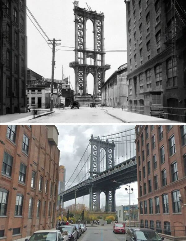 “Unfinished Manhattan Bridge In 1908 And Now”
