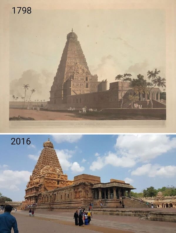“Brihadisvara Temple, Thanjavur, India. 1798 Lithograph By Thomas Daniell And 2016. Built Between 1003-1010”