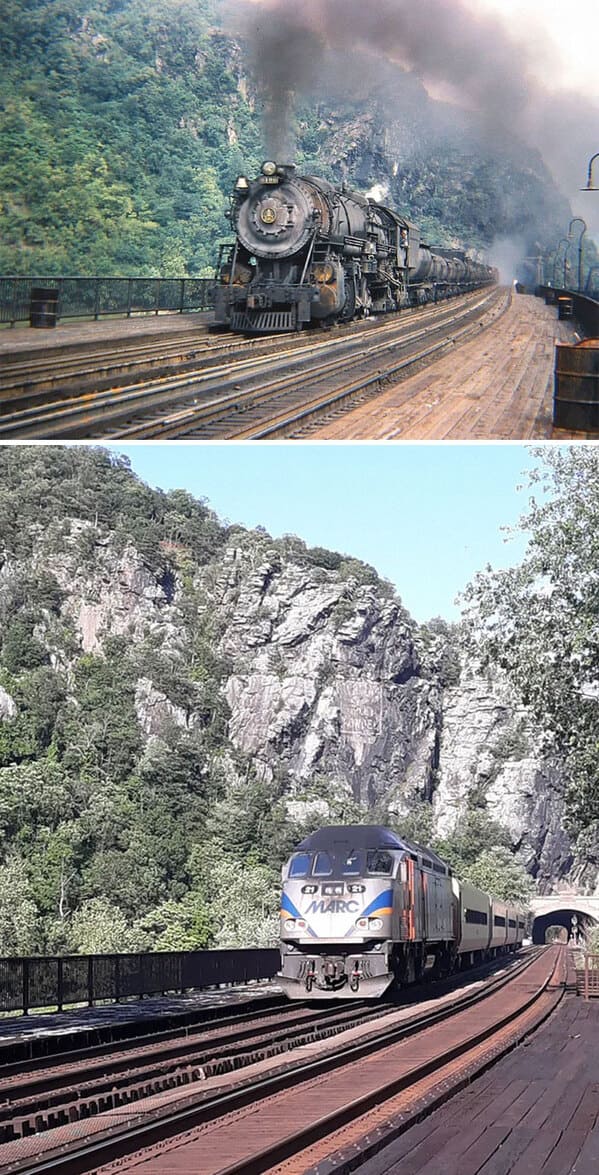 “Trains At Harper’s Ferry, Wv In 1947 And 2021. The 1947 Image Taken By Ed Wittekind, 2021 Image Shot By Me In The Same Exact Spot”