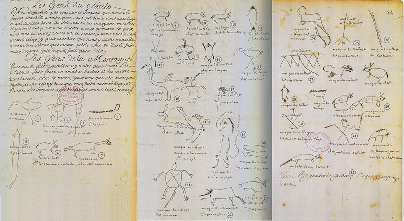 fascinating photos - The Great Peace of Montréal (1701): a peace treaty between New France, the Iroquois Confederacy, and 38 other indigenous nations which brought an end to the Beaver Wars (c.1609-1701). Here are the signatures of 31 indigenous represent
