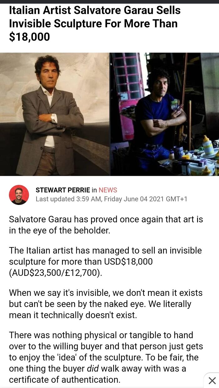 Power Moves - Italian Artist Salvatore Garau Sells Invisible Sculpture For More Than $18,000