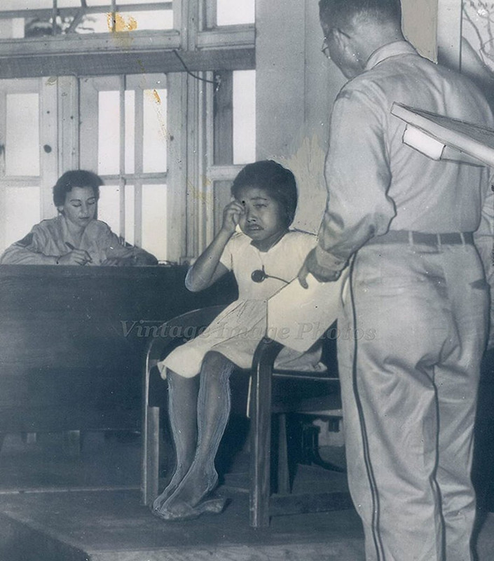 Weeping, 11-year-old Rosalinda Andoy, testifying before court trying Yamashita, describes how she received 38 bayonet wounds and her parents were murdered by the Japanese. November 6, 1945