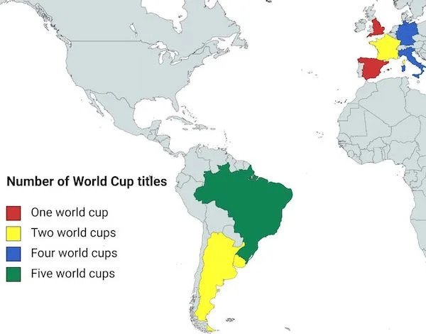 Charts and Graphs - world map highlighting brazil - Number of World Cup titles One world cup Two world cups Four world cups Five world cups