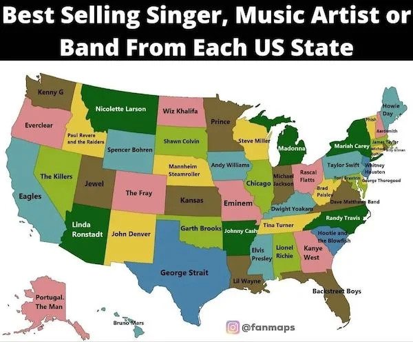 Charts and Graphs - map - Best Selling Singer, Music Artist or Band From Each Us State Kenny G Nicolette Larson Wiz Khalifa Howie Day Phish Everclear Prince Paul Revere and the Raiders Spencer Bohren Aerosmith James Taythe Shawn Colvin Steve Miller Madonn