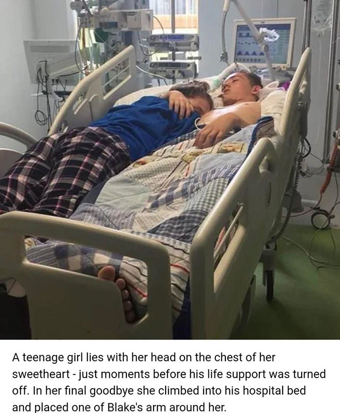 feel good photos - stephanie ray blake ward - A teenage girl lies with her head on the chest of her sweetheart just moments before his life support was turned off. In her final goodbye she climbed into his hospital bed and placed one of Blake's arm around