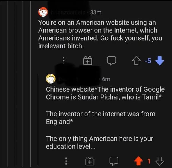Funny Comments - screenshot - ani zdala 33m You're on an American website using an American browser on the Internet, which Americans invented. Go fuck yourself, you irrelevant bitch. 5 6m Chinese websiteThe inventor of Google Chrome is Sundar Pichai, who