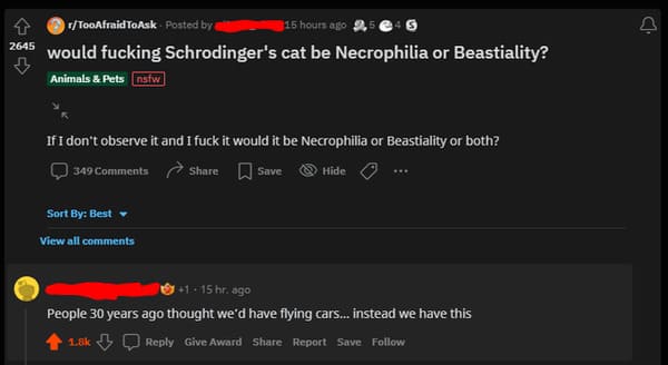 Funny Comments - screenshot - D TooAfraid To Ask Posted by 115 hours ago 2645 would fucking Schrodinger's cat be Necrophilia or Beastiality? 3 Animals & Pets nsfw If I don't observe it and I fuck it would it be Necrophilia or Beastiality or both? 349 D Sa