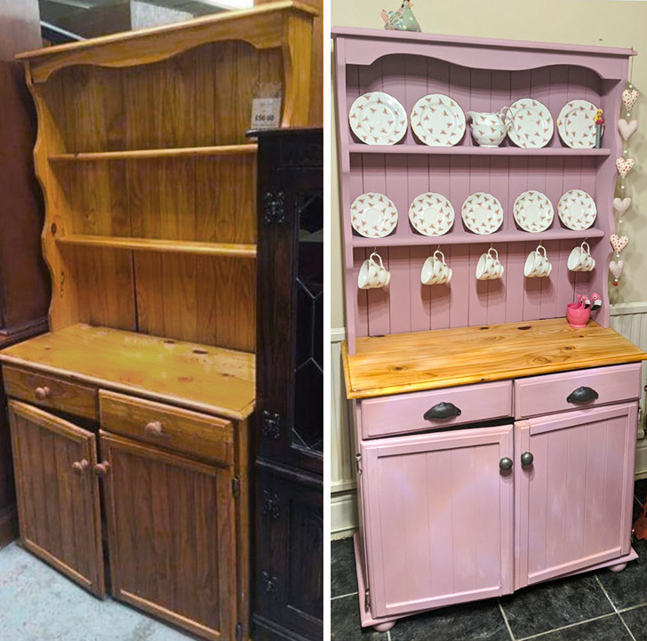 “Found in a charity shop, ended up paying $30. Sanded, painted, and placed on new handles to put in our kitchen.”